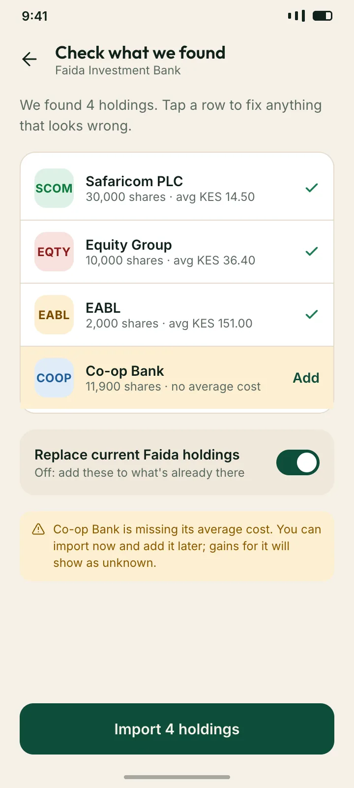 Reviewing holdings read from a broker screenshot before saving them